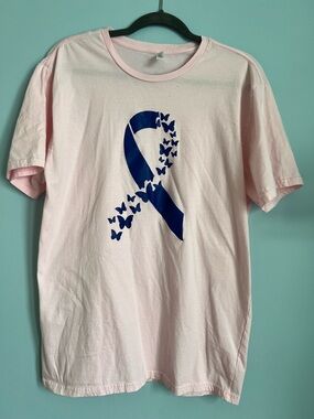 Pink Short Sleeve Tee with Navy Ribbon Butterfly Graphic